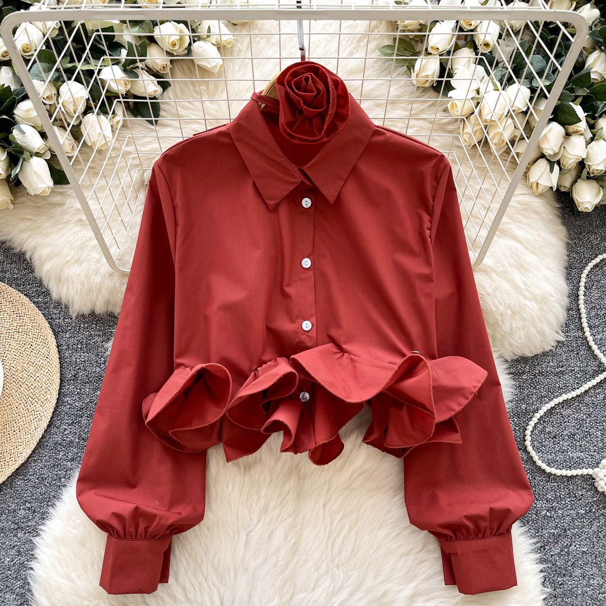 Romantic Floral Blouse – Ruffled V-Neck With Detachable Bow (One Size, Soft Satin, 6 Colors) Breathable Comfort_ecoleips.com