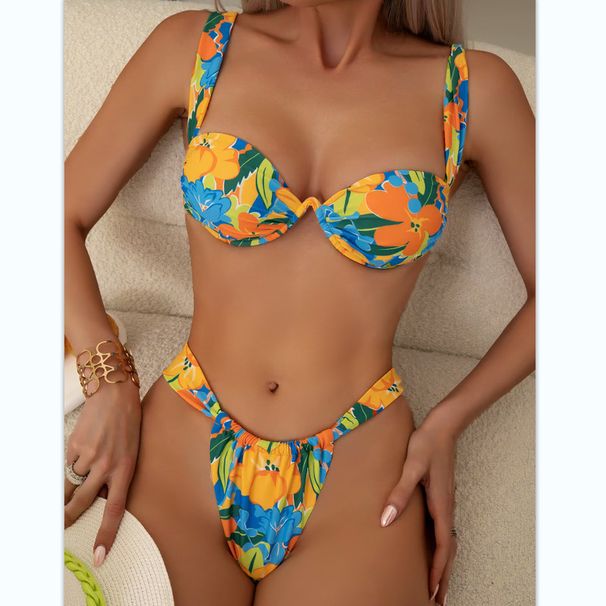 Sexy Underwire Bikini Set – High-Waisted & Backless Two-Piece Swimwear (S-L, Polyester-Spandex, Adjustable Ties, Tropical Print)_ecoleips.com