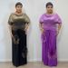 Elegant Plus Size V-Neck Gold Foil Batwing Sleeve Top & Pleated Skirt Set – Summer & Spring Casual Outfit_ecoleips.com