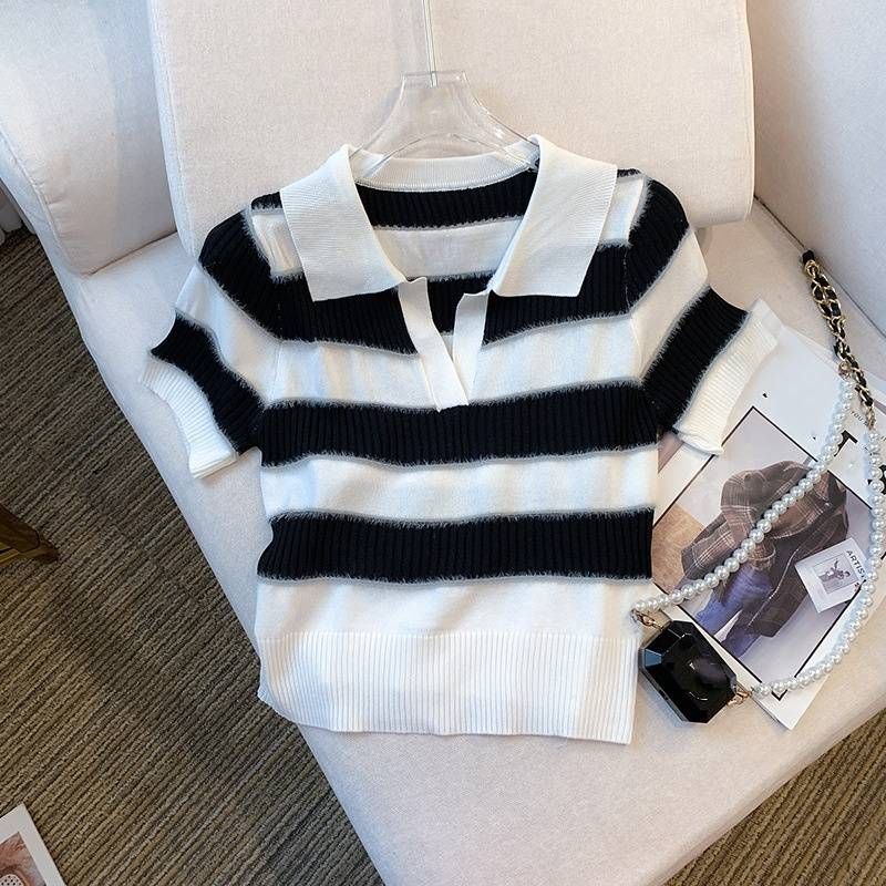 Women's Clothing Real Shot Of The New Summer And Autumn The Slim Fit Striped Polo Collar T Shirt Ice Silk Knitted Tops For Women_ecoleips.com