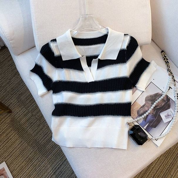 Women's Clothing Real Shot Of The New Summer And Autumn The Slim Fit Striped Polo Collar T Shirt Ice Silk Knitted Tops For Women_ecoleips.com