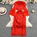 Women's Clothing High Class Lady Elegant Pleated Flower Trumpet Sleeve Dress Female Tie Waist Slim Tassel Long Skirt_ecoleips.com
