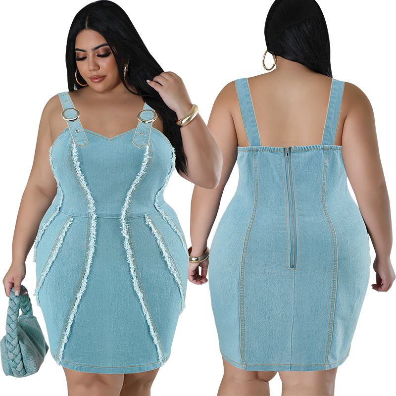 Women's Clothing Plus Size Women's Sleeveless Short Dress Denim Tassel Suspender For Formal & Casual For Women_ecoleips.com
