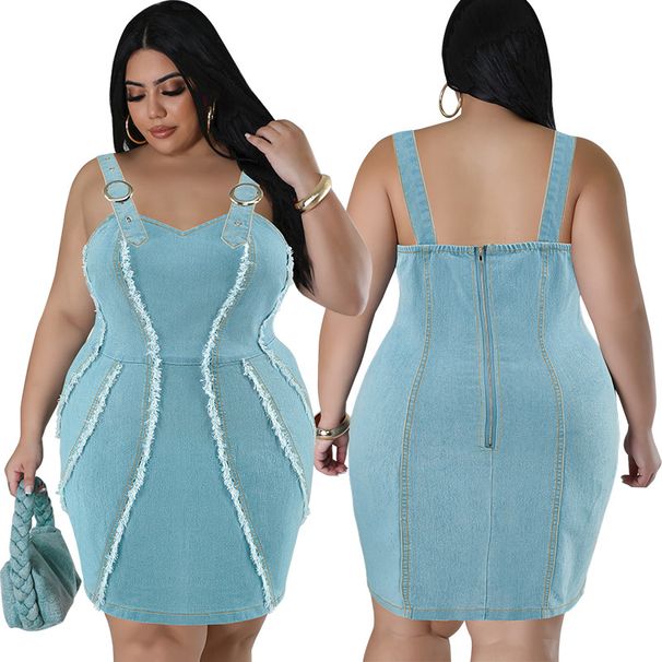 Women's Clothing Plus Size Women's Sleeveless Short Dress Denim Tassel Suspender For Formal & Casual For Women_ecoleips.com