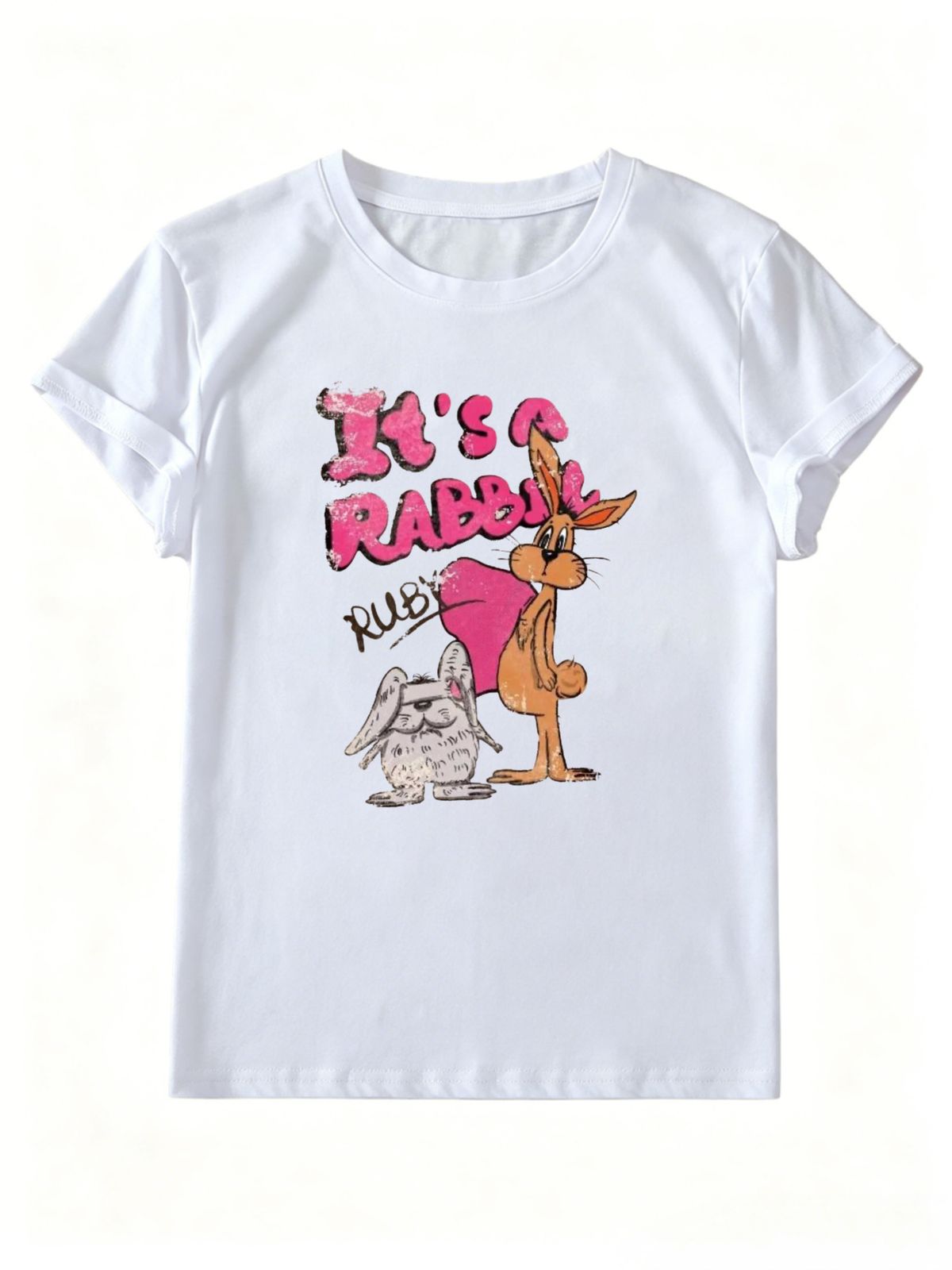 Retro Cartoon Rabbit Print T-shirt (with The Slogan "It's A Rabbit"), Women's Loose And Soft Pure Cotton Top, Cute Retro Animal Pattern Casual Street Style T-shirt._ecoleips.com