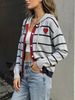 Grey Navy Stripe Heart Pit Rib Knit Hooded Cardigan, Loose Lightweight Breathable Soft Skin-touch Drawstring Button Jacket_ecoleips.com