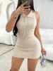Women's Baby Pink Halter Neck Sleeveless Polo Collar Button Stretchy Ribbed Knit Bodycon Mini Dress Summer Party Short Dress_ecoleips.com