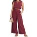 Women's Casual Two Piece Set Round Neck Sleeveless High Waist Wide Leg Elastic Hem Spring_ecoleips.com