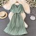 French Pleated Slim Fit Long Holiday Style Chiffon Pleated Long Skirt Solid Color Temperament V Neck New French Dress_ecoleips.com