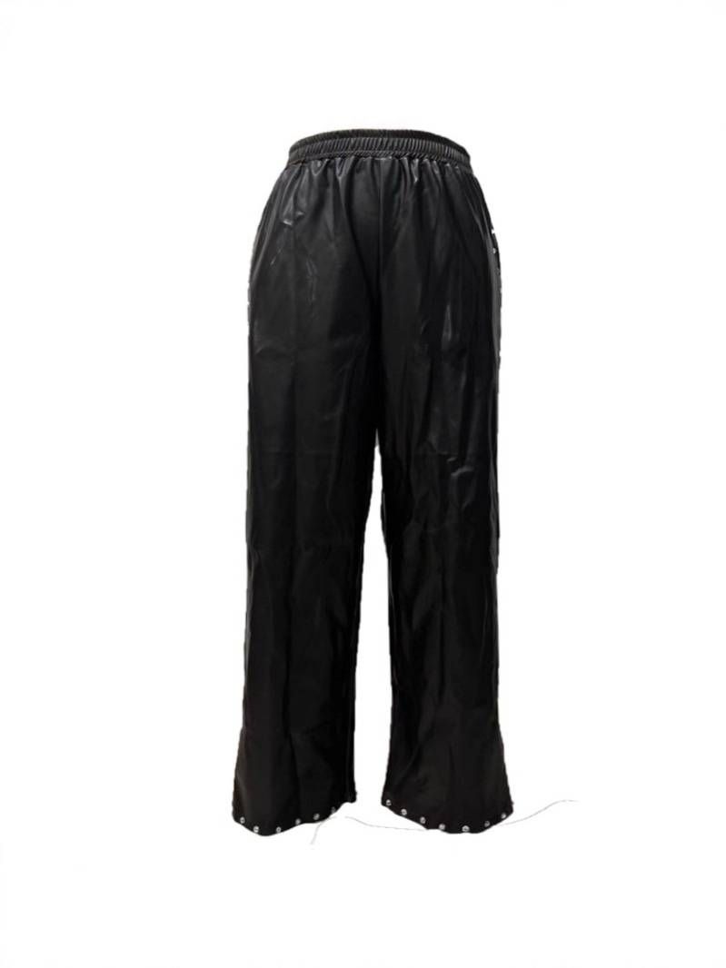 Women's Clothing Autumn/Winter Casual Loose Wide Leg Pants With Rhinestone Pocket Solid Color PU Leather_ecoleips.com