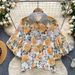 Women's Rhinestone Embellished Peter Pan Collar Lantern Sleeve Printed Shirt Loose Fitting Cardigan Top Summer Short Sleeved Heavy Duty_ecoleips.com