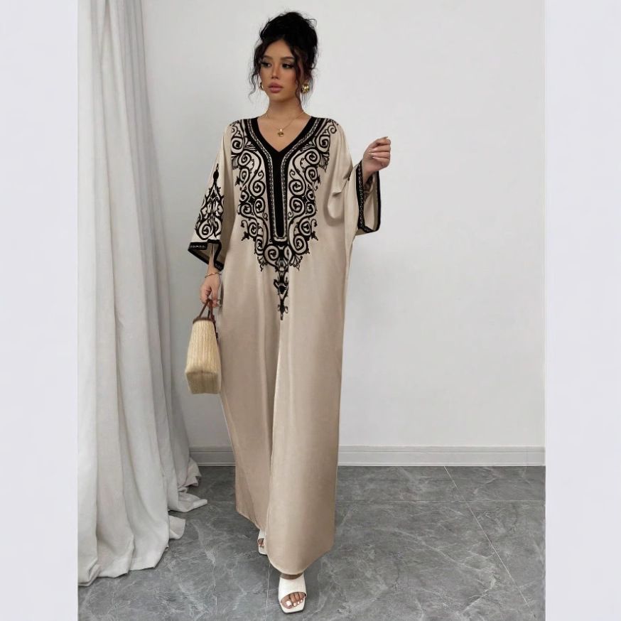 V-Neck Placement Flower Fashion Loose Printed Long Dress_ecoleips.com
