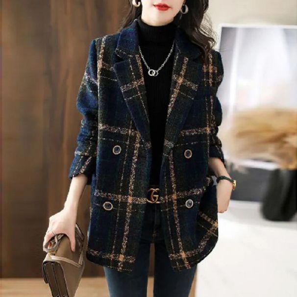 Plus Size Women's Clothing Winter New Fashion Korean Style Slim Mother Retro Plaid Splicing Woolen Coat_ecoleips.com