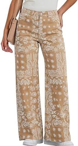 Women's High-Waisted Bohemian Style Jeans Paisley Print Relaxed Fit Denim Spring/Autumn Regular Cotton Casual Beach Style_ecoleips.com