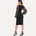 Elegant Women Dress Lace Flower Applique Contrast Mesh Sleeve Matching Form Belted Solid Mini Dress Streetwear Party Dresses_ecoleips.com