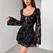 European And American Cross-border 2026 Autumn Dress New Style Flocked Long-sleeve Floral Hollow Bow Women's_ecoleips.com