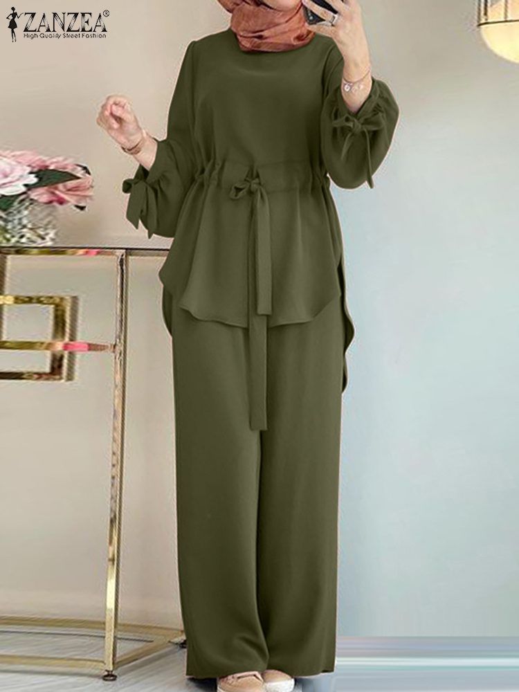 ZANZEA Muslim Women Matching Sets Long Sleeve Solid Color Tops And Loose Pant Suits Elegant Fashion Casual Tracksuit Kaftan 2025_ecoleips.com