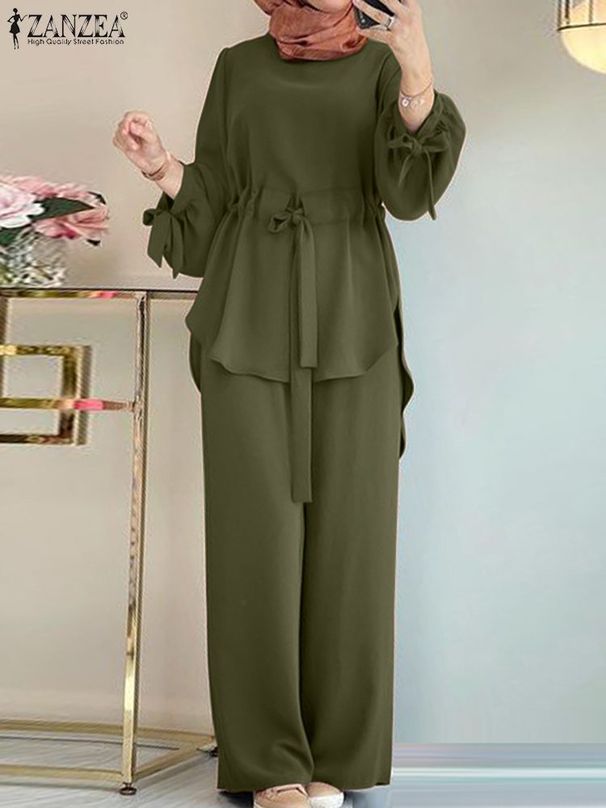 ZANZEA Muslim Women Matching Sets Long Sleeve Solid Color Tops And Loose Pant Suits Elegant Fashion Casual Tracksuit Kaftan 2025_ecoleips.com