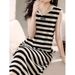 Korean Version Color-Block Striped Knitted Sleeveless Vest Dress For Women, Summer Loose Slim Ice Silk Straight Mid-Leng_ecoleips.com