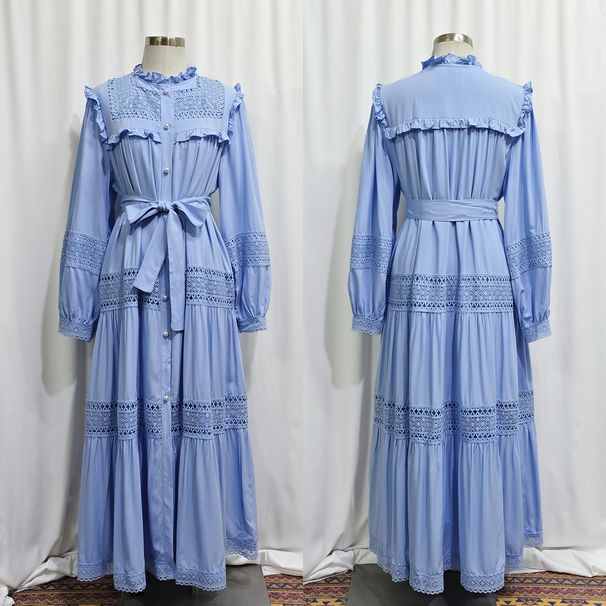 Women's Clothing Long Skirt Muslim Women's Lace Hollow Stitching Wood Ear Edge Stand Collar Dress_ecoleips.com