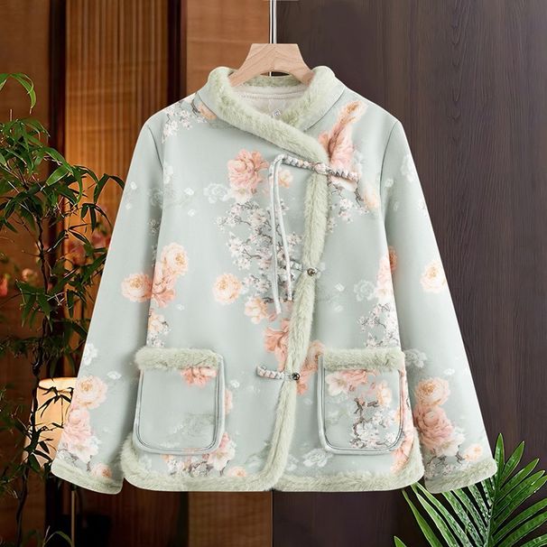 Modern Chinese-Style Quilted Coat – Thickened Winter Jacket With Floral Embroidery (XL-5XL, Stand Collar, Loose Fit)_ecoleips.com