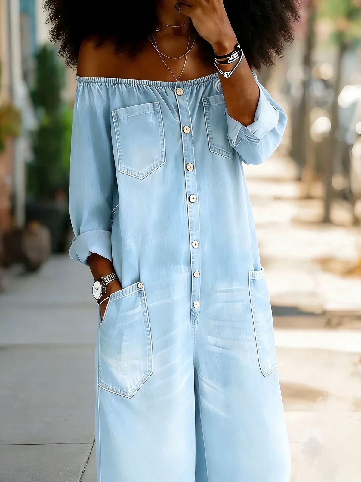 Women's Denim Jumpsuit One-Shoulder Sexy Fashion Spring Autumn Romper With Single Row Buttons_ecoleips.com