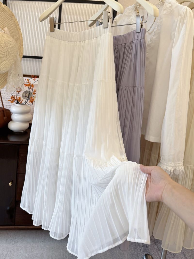 French Retro Elegant Romantic Fairy Pleated High-Waisted Midi Long Umbrella Skirt Slim Fit Chiffon Full Skirt for Women_ecoleips.com