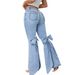 Women's Light Blue High Waist Flare Jeans With Bow Detail, Split Hem Stretchy Denim Bell Bottom Pants, Casual Daily Wear Slim Fit Bootcut Trousers For_ecoleips.com