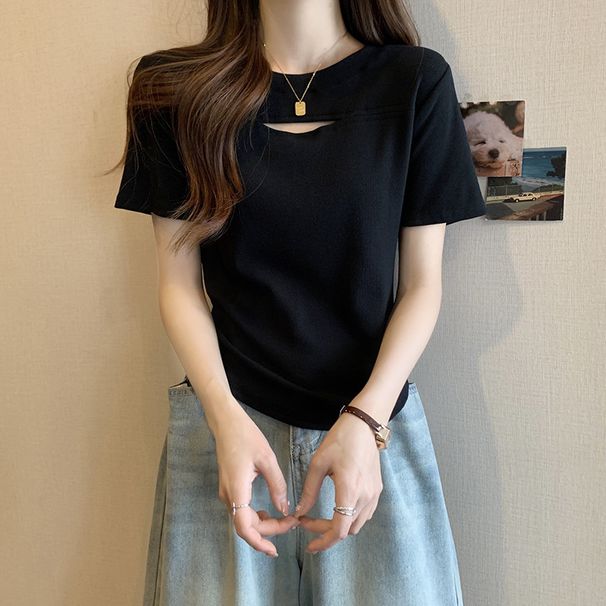 White Cotton Short-Sleeved T-Shirt With Straight Shoulders, Designed In A Trendy, Internet-Famous Style Featuring Cutout_ecoleips.com