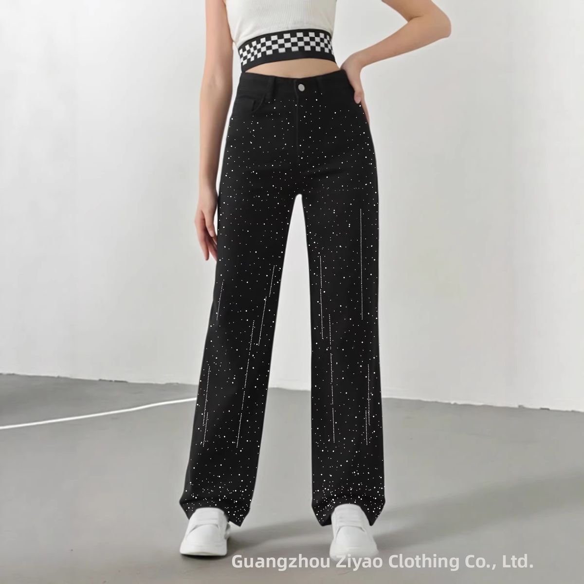 Black Rhinestone Design Straight Leg Jeans for Women Casual Slimming Versatile Autumn Winter Hot Item_ecoleips.com