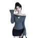 girl Gray Design Sense Knitted Sweater For Women, Spring New Chic Off-Shoulder Slim Fit Long Sleeve Top_ecoleips.com