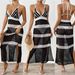 Women's Clothing Long Skirt Deep V Contrast Color Stitching Suspender Skirt Strap Slim Dress Beach Blouse_ecoleips.com