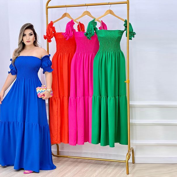 2026 European And American Women's Fashion Spring Summer New Off-Shoulder Printed Ruched Flared Short Sleeve Long_ecoleips.com