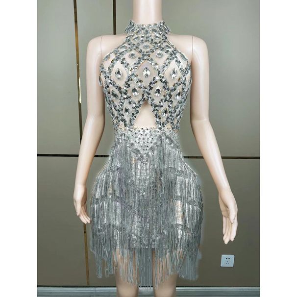 Diamond Performance Costume Female Singer Rhinestone Tassel Elastic Slimming Latin Dance Short Dress GC Birthday Outfit_ecoleips.com