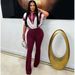 Women's Clothing Women's Stylish Zip-Up Jumpsuit With Color Blocking - Batwing Sleeves & Flared Pants - Lightweight Polyester Casual & Office Wear_ecoleips.com