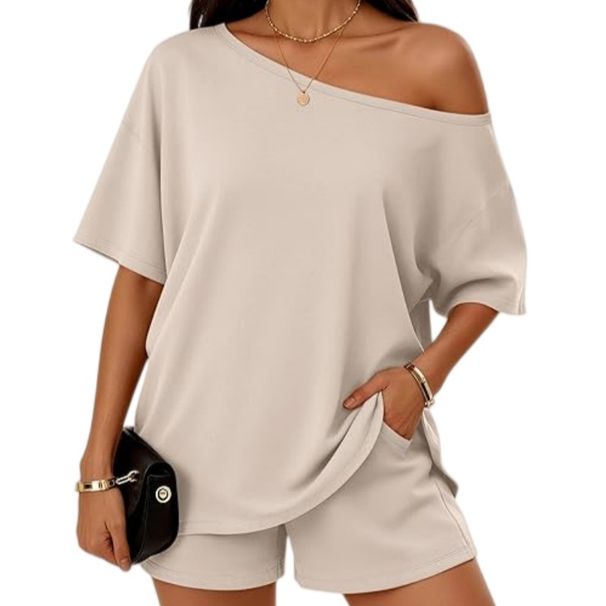 Colorful Fashion Women's 2 Piece Set Casual Round Neck Off Shoulder Loose T-Shirt And ShortsRelaxed Everyday Wear Versatile Comfortable Feshion Trend_ecoleips.com