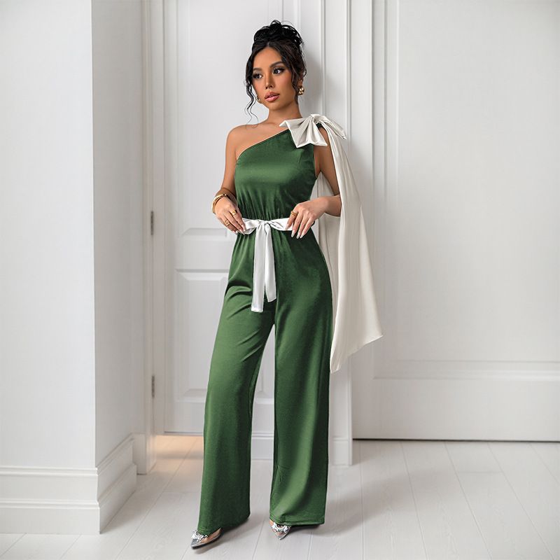 Women's Clothing Ribbon Black And White Contrast Bow Decoration One Shoulder Dress Straight Jumpsuit Trousers_ecoleips.com