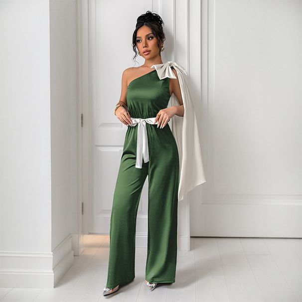 Women's Clothing Ribbon Black And White Contrast Bow Decoration One Shoulder Dress Straight Jumpsuit Trousers_ecoleips.com