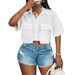 Cross-border European And American Foreign Trade Women's Casual Fashion Pocket Short-sleeve Shirt Cardigan Top_ecoleips.com