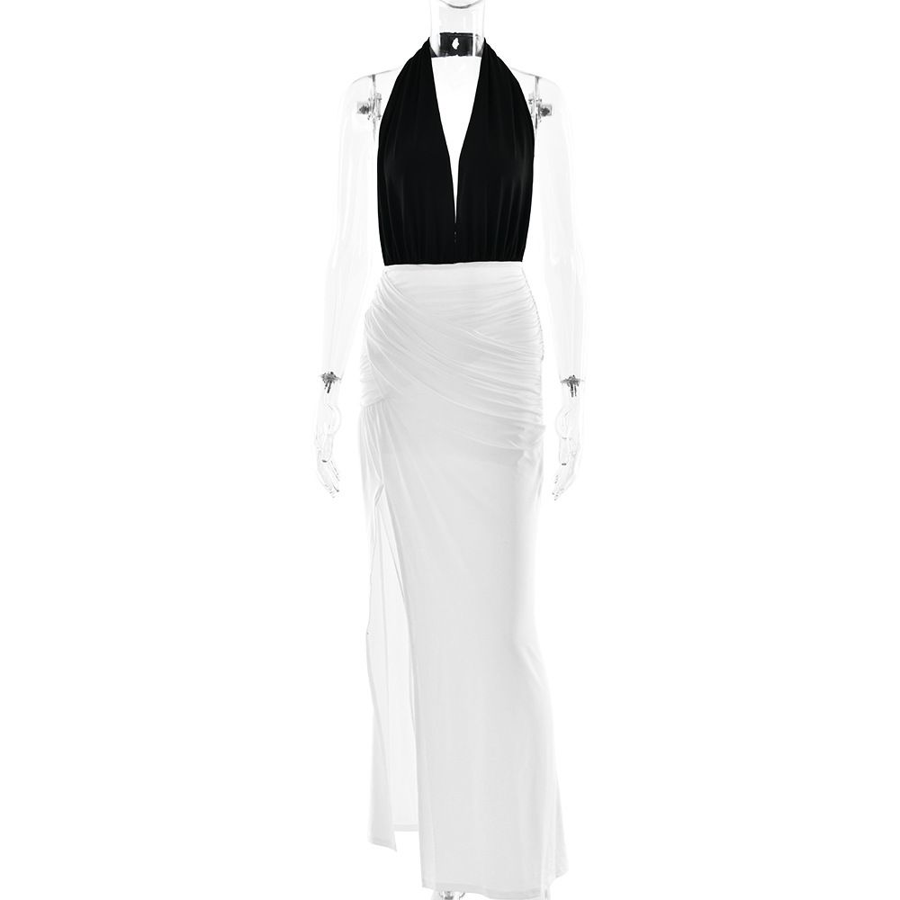 ng2510292 European And American Cross-Border Deep V Sexy Hot Girl Halter Fashion Dress Backless Patchwork High Slit Elegant_ecoleips.com