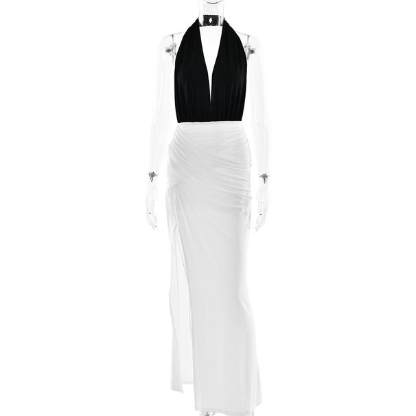 ng2510292 European And American Cross-Border Deep V Sexy Hot Girl Halter Fashion Dress Backless Patchwork High Slit Elegant_ecoleips.com