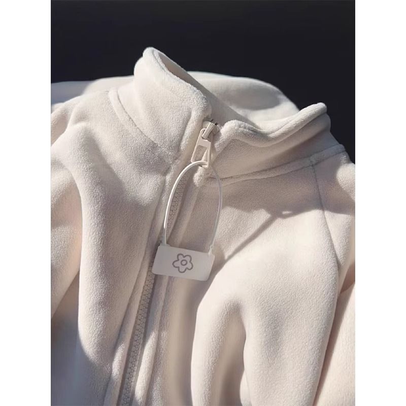 Cozy Fleece-Lined Zip-Up Hoodie – Oversized Stand Collar Pullover With Plush Sherpa Interior (Beige) – Warm Loungewear For Women_ecoleips.com
