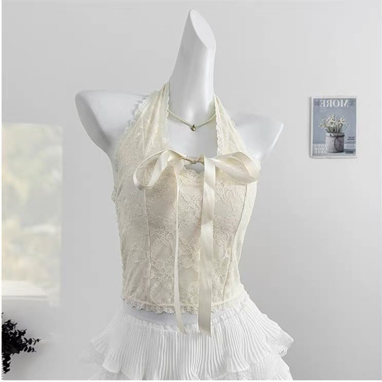 Purely Sensual Lace V-neck Halter Top With Built-in Bra Pads, Integrated Inner Wear, Beautiful Back, Sexy For Outerwear_ecoleips.com