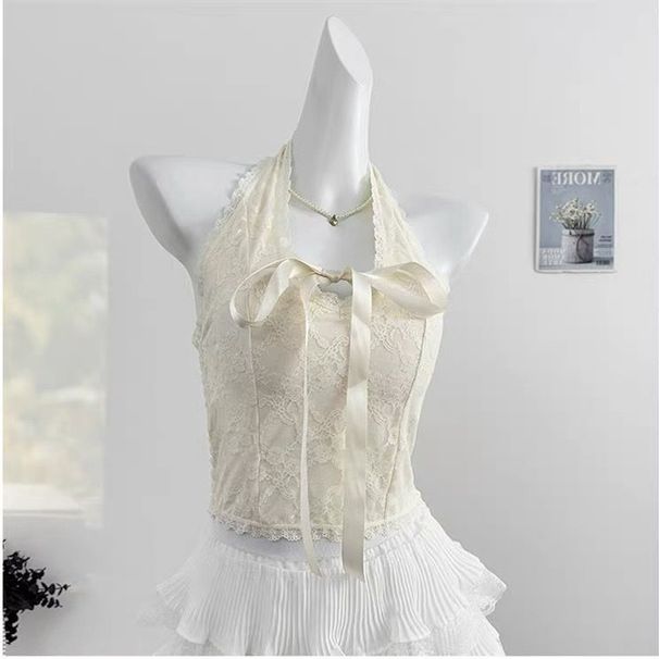 Purely Sensual Lace V-neck Halter Top With Built-in Bra Pads, Integrated Inner Wear, Beautiful Back, Sexy For Outerwear_ecoleips.com