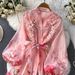 Elegant French-Inspired Floral Embroidered Dress With Button Front & Waist Tie - Flowy Maxi Dress For Women_ecoleips.com
