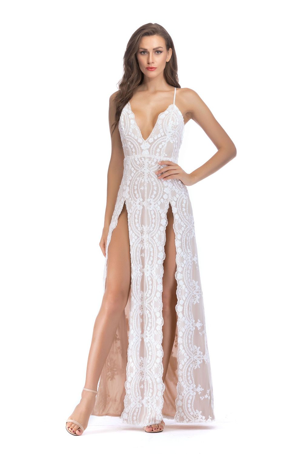 Sexy Backless Sequin Slit Dress - Long Sleeveless V-Neck Party Dress For Women_ecoleips.com