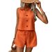 Women's Spring Summer Fashion Casual Solid Color Button down Sleeveless Vest And Shorts Set Resort Style Clothing_ecoleips.com