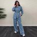 Women's Washed Denim Suit Set - Single Breasted Lapel Jacket & High Waisted Trousers, Loose Fit Casual Outfit_ecoleips.com