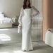 Women's French Style Fishtail Dress Square Neckline Spliced Mesh Sheer Flared Sleeves Slim Waist Solid Color 2026 New_ecoleips.com