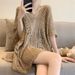 Women's Pure Hollow out Knit Top with Tie Waist Loose Fit Mid-Length Niche Style Summer Alluring Cover up_ecoleips.com